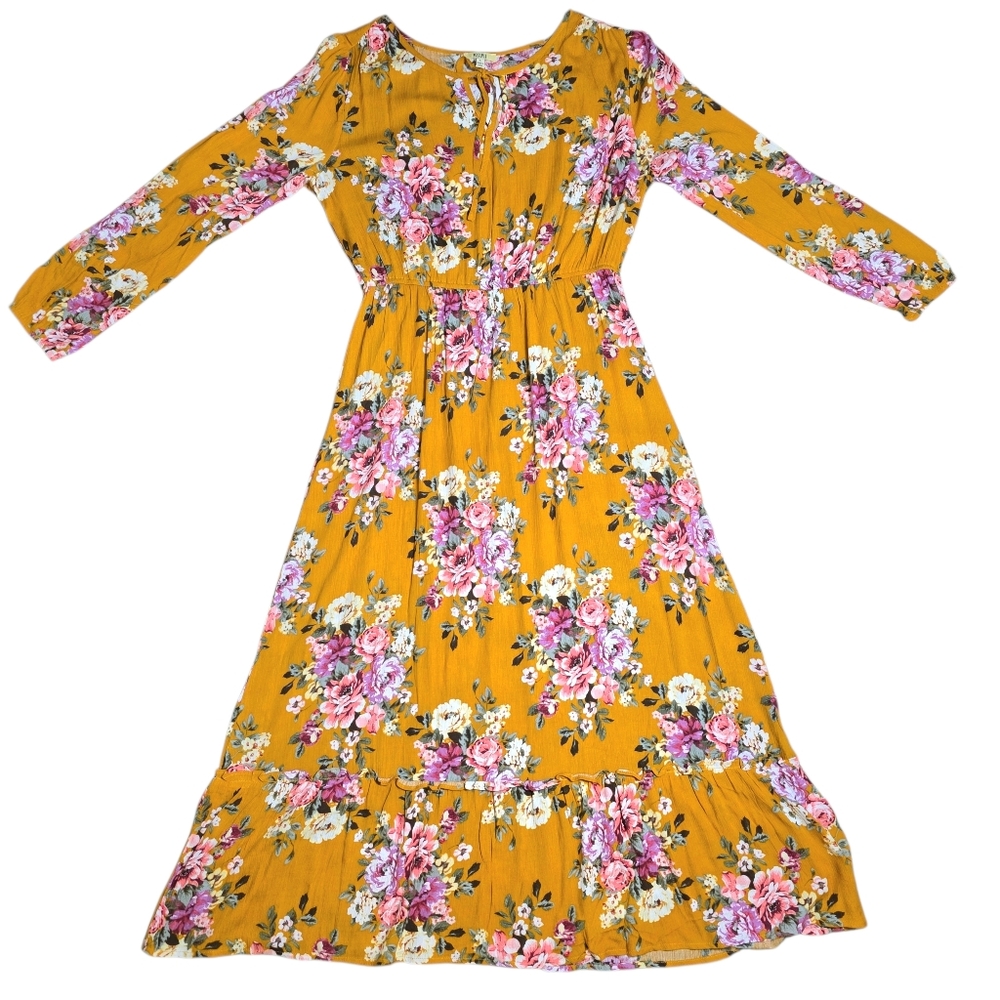 KORI America Boutique Floral Golden Yellow Dress Boho Romantic Tie-Neck – Size L - Picture 4 of 17
